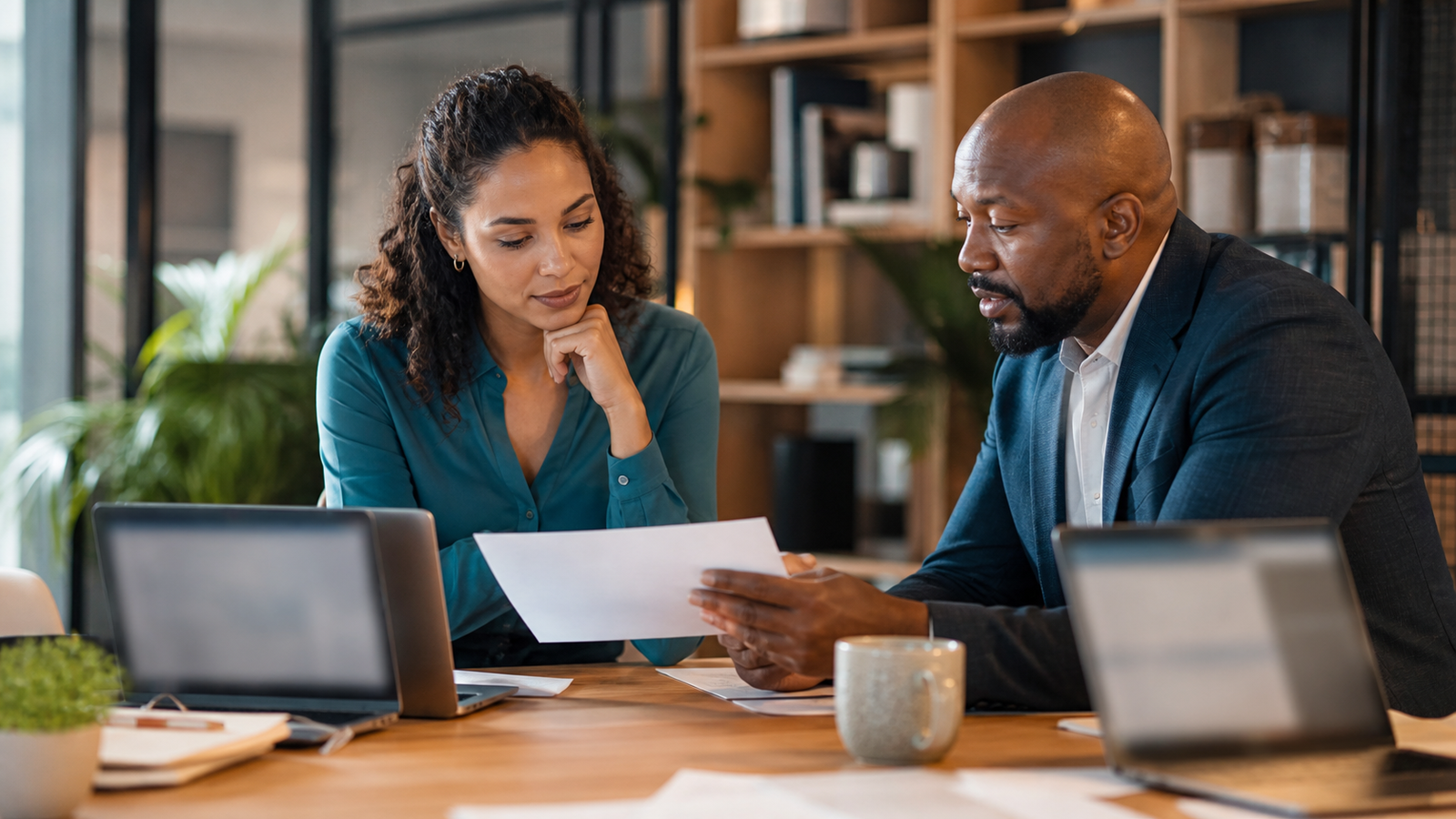 Small business owner and operations lead reviewing simple AI governance rules before scaling automation workflows