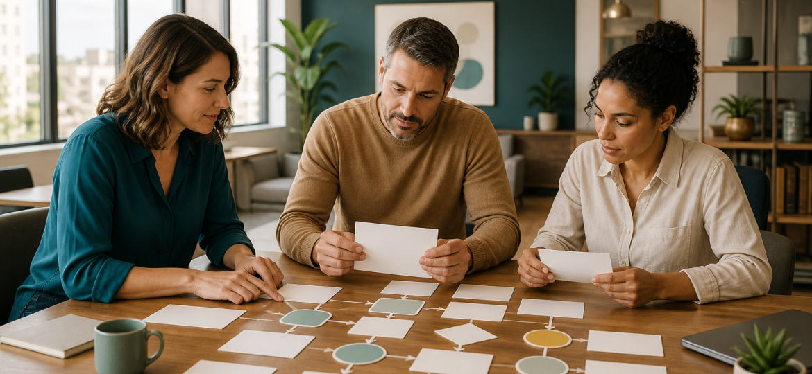 Small business team reviewing AI knowledge base ROI with blank workflow cards and approved answer materials