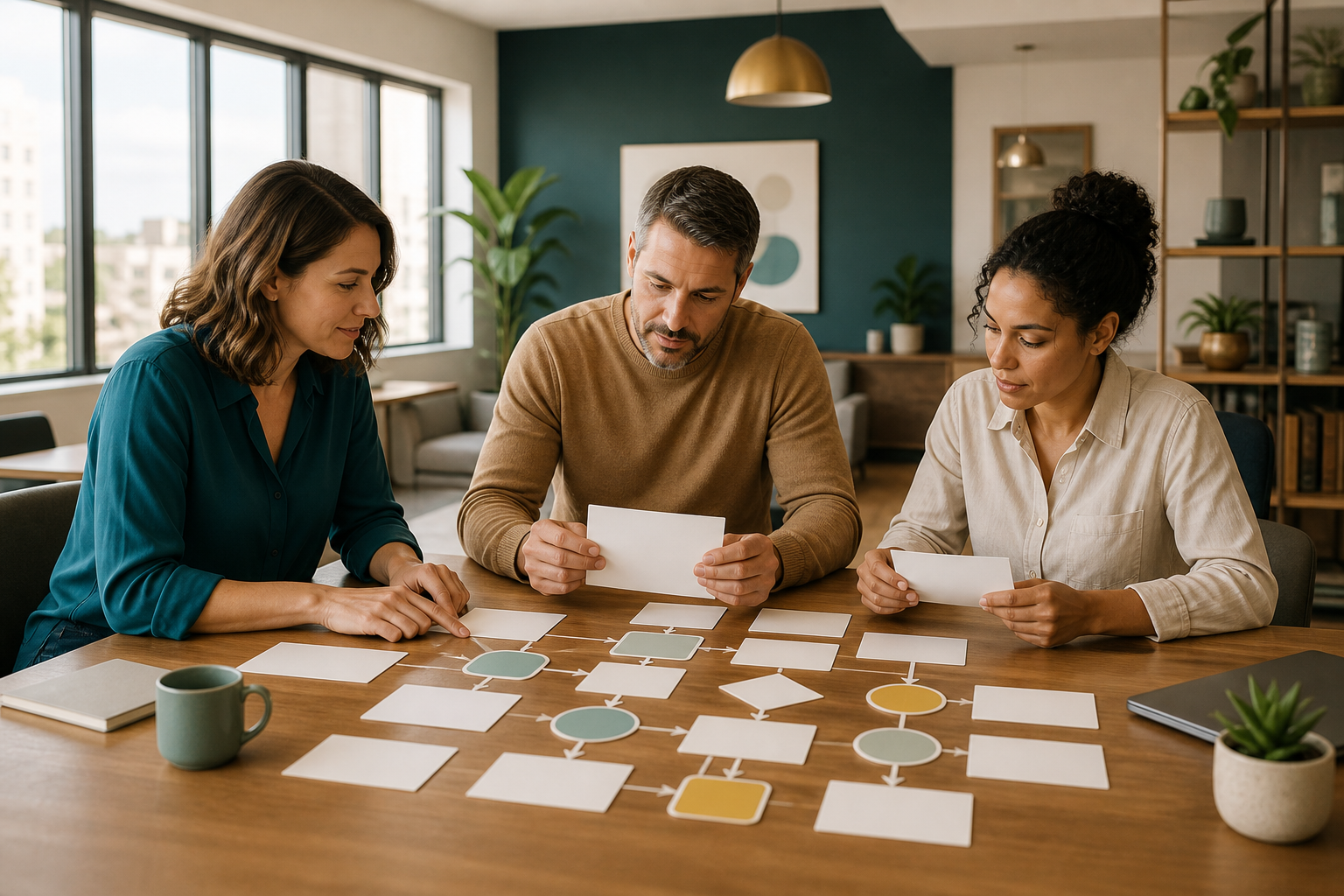 Small business team reviewing AI knowledge base ROI with blank workflow cards and approved answer materials