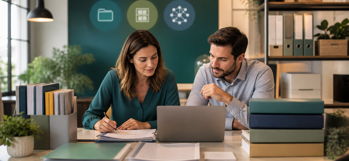 Small business owner and operations lead comparing shared drives SOP libraries and AI knowledge bases