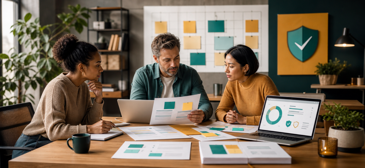 Small business team reviewing a monthly AI knowledge freshness audit with approved source documents
