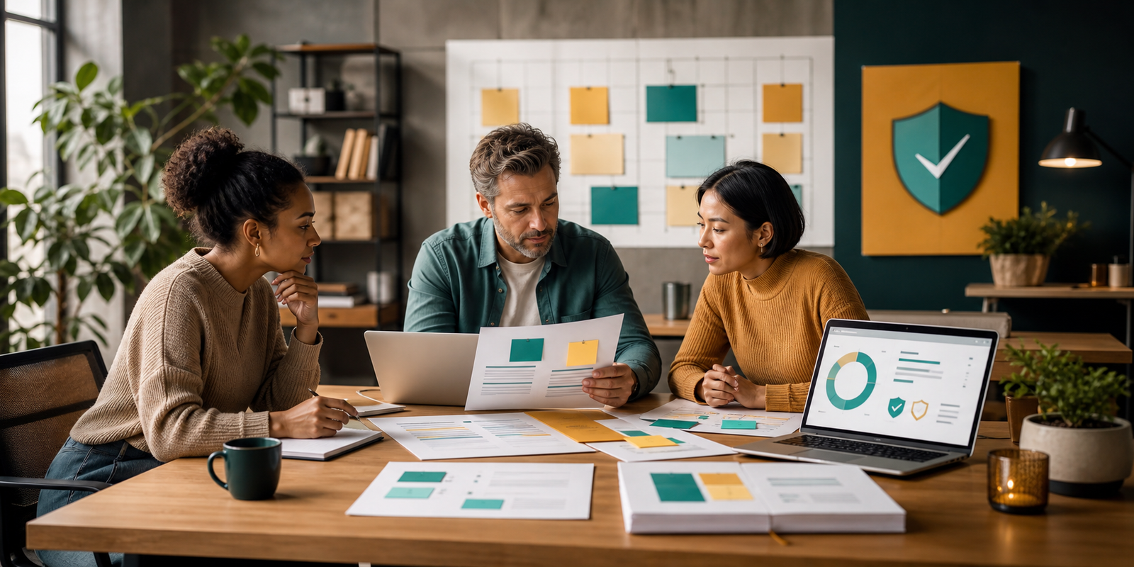Small business team reviewing a monthly AI knowledge freshness audit with approved source documents