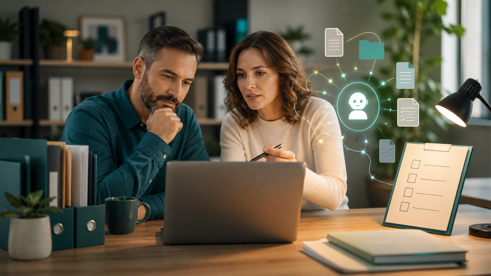 Small business owner and team member reviewing an AI knowledge answer with human oversight