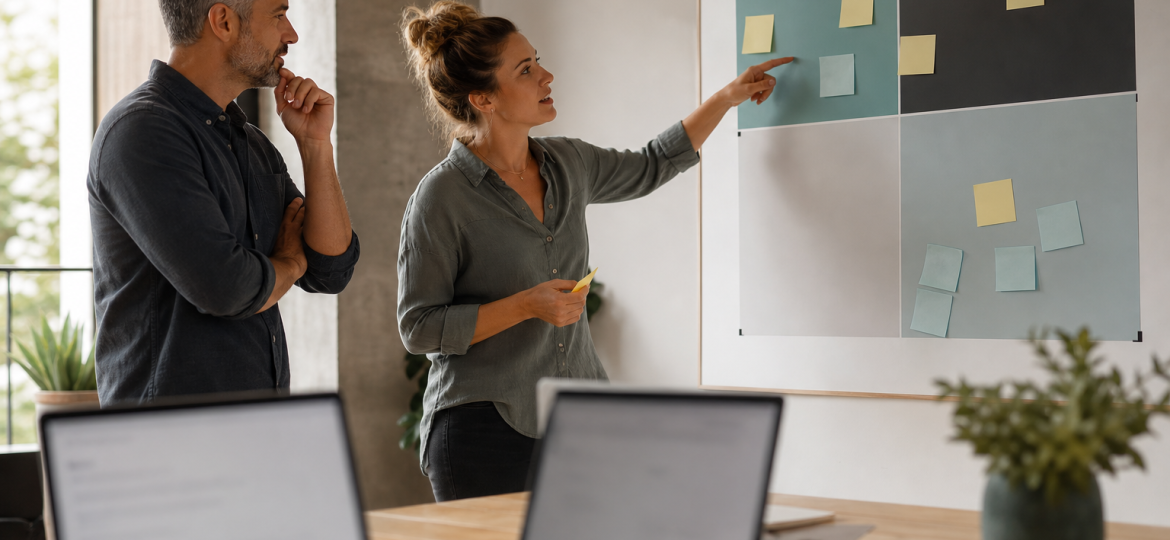 Small business owner and operations lead deciding what to automate first using an abstract opportunity matrix