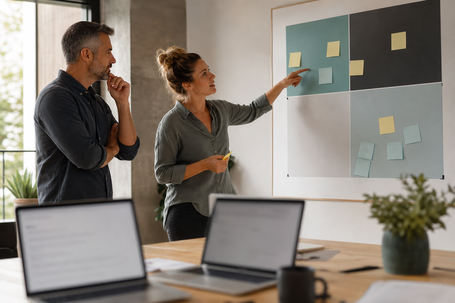 Small business owner and operations lead deciding what to automate first using an abstract opportunity matrix