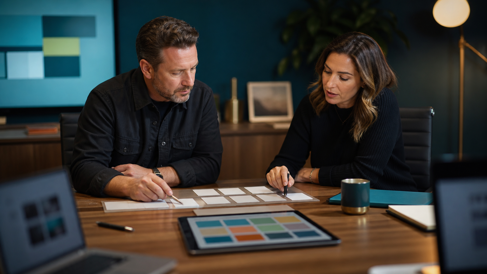 Small business leadership team reviewing blank operating cards for AI maturity