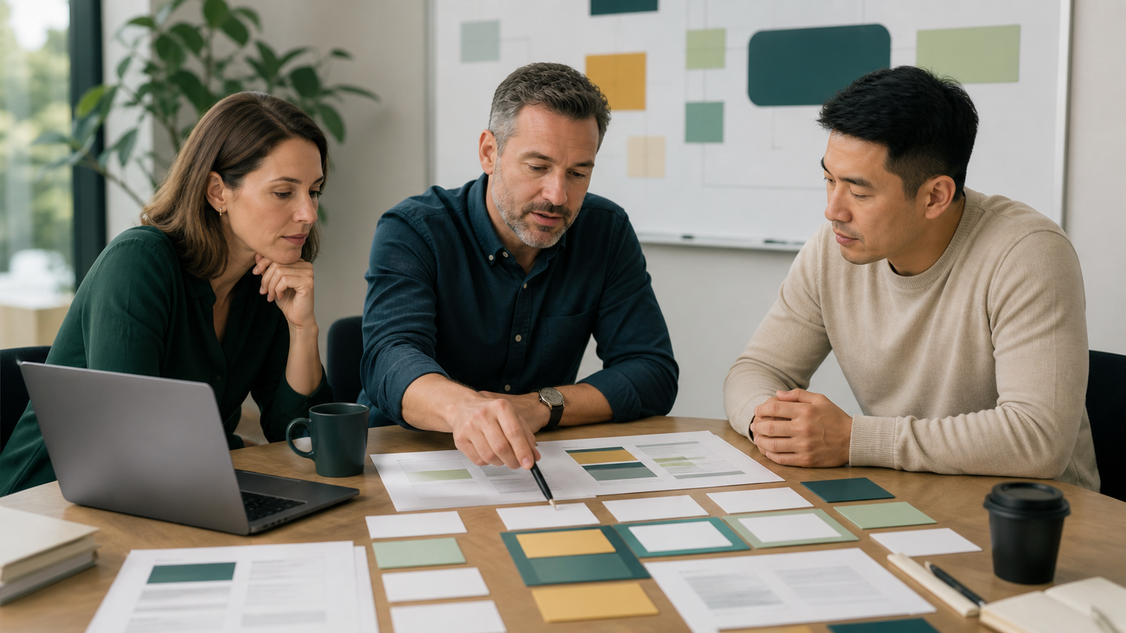 Small business team reviewing page sections and blank evidence cards during an AI Overview diagnostic