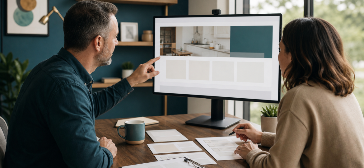 Small business owner and consultant reviewing service website readiness for AI Overview source eligibility