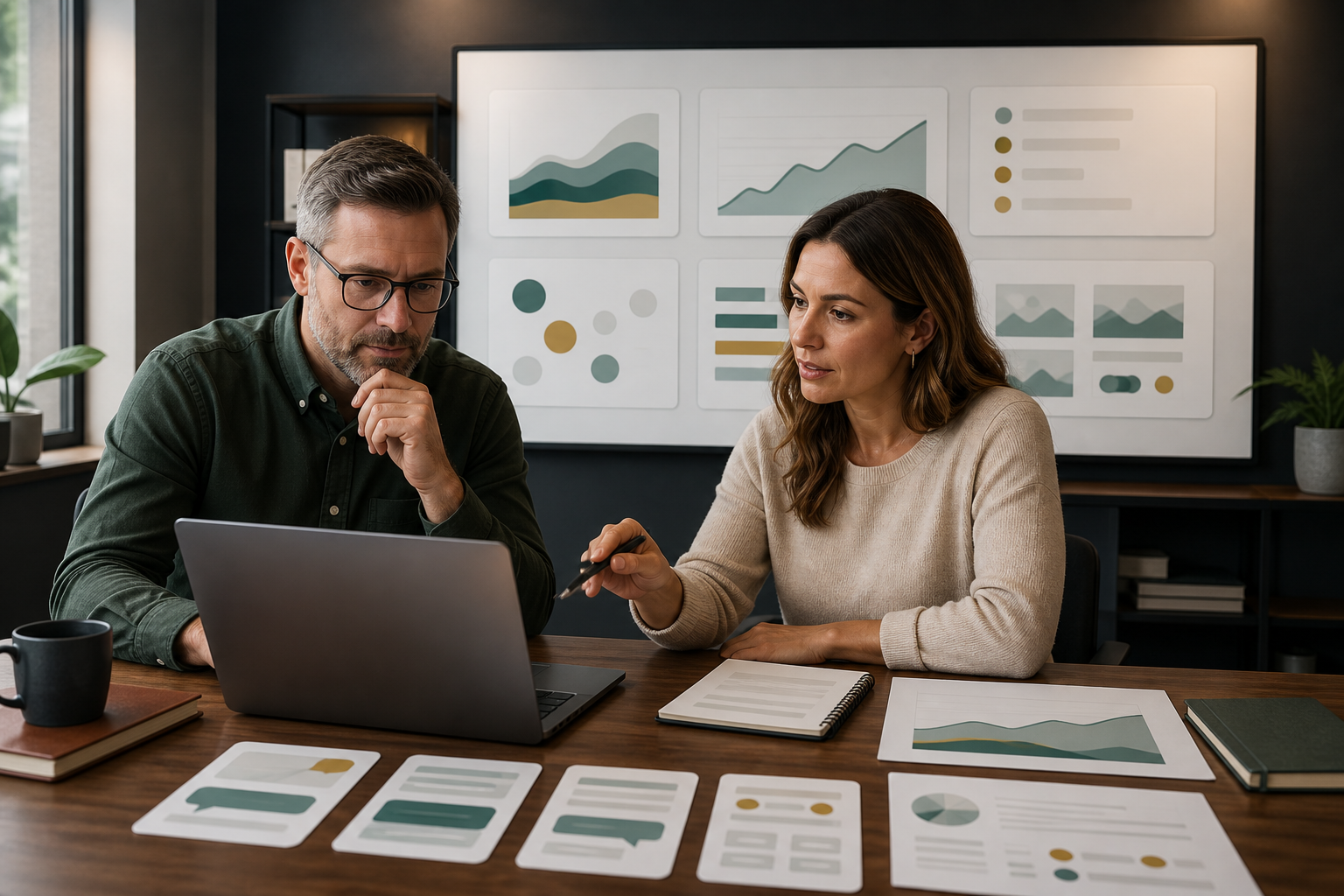Business owner and advisor reviewing blank AI Overview evidence measurement dashboards