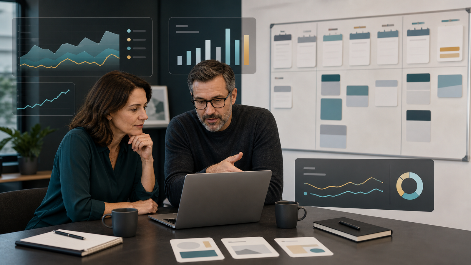 Small business owner and consultant reviewing abstract AI Overview visibility measurement patterns
