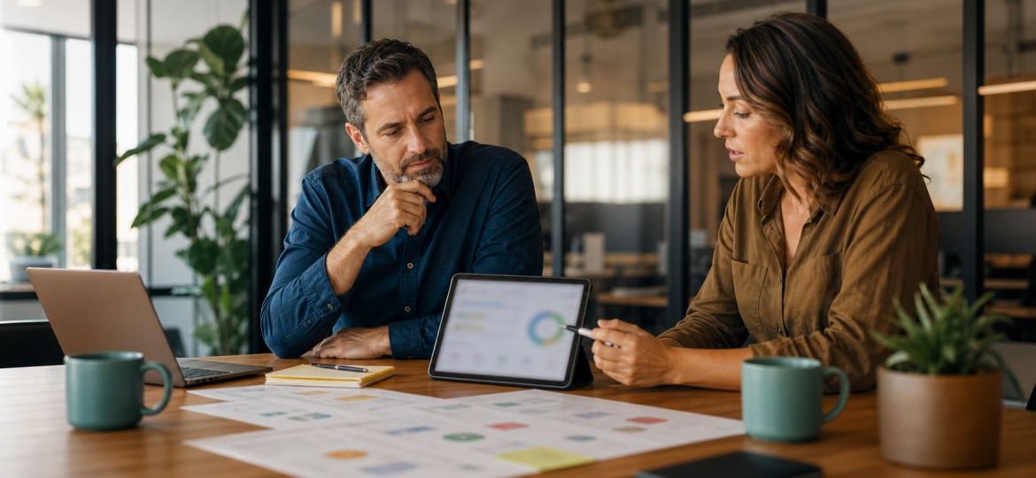 Small business owner and operations lead reviewing an AI readiness score before choosing an automation workflow