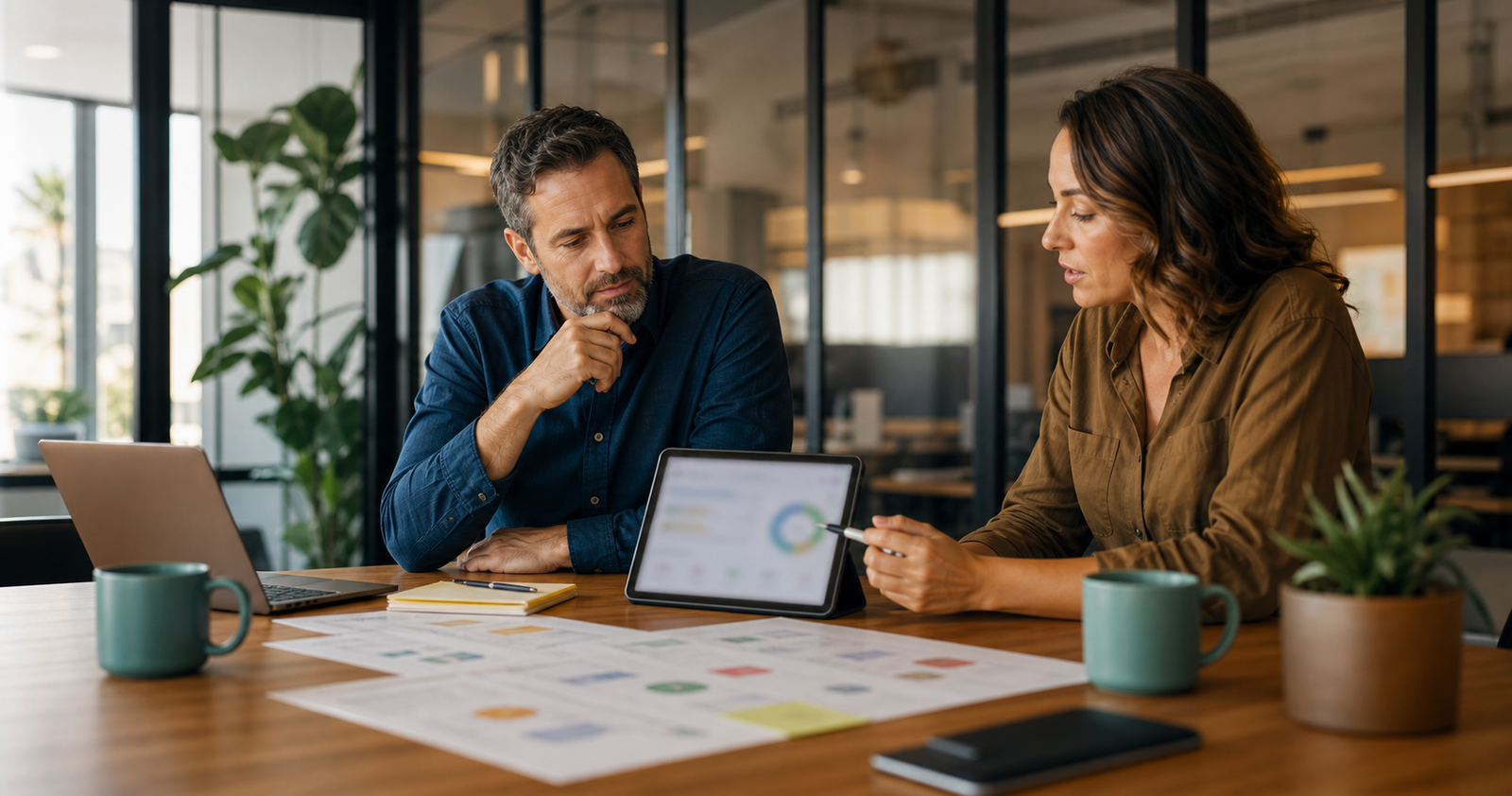 Small business owner and operations lead reviewing an AI readiness score before choosing an automation workflow