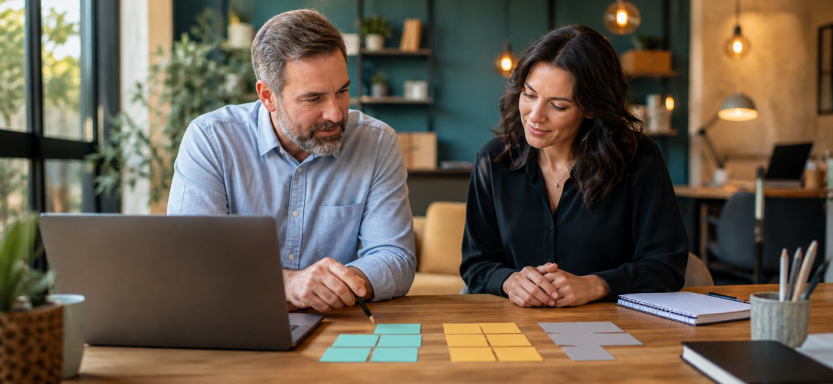 Small business owner and consultant reviewing blank diagnostic cards for AI readiness, maturity, and workflow assessment