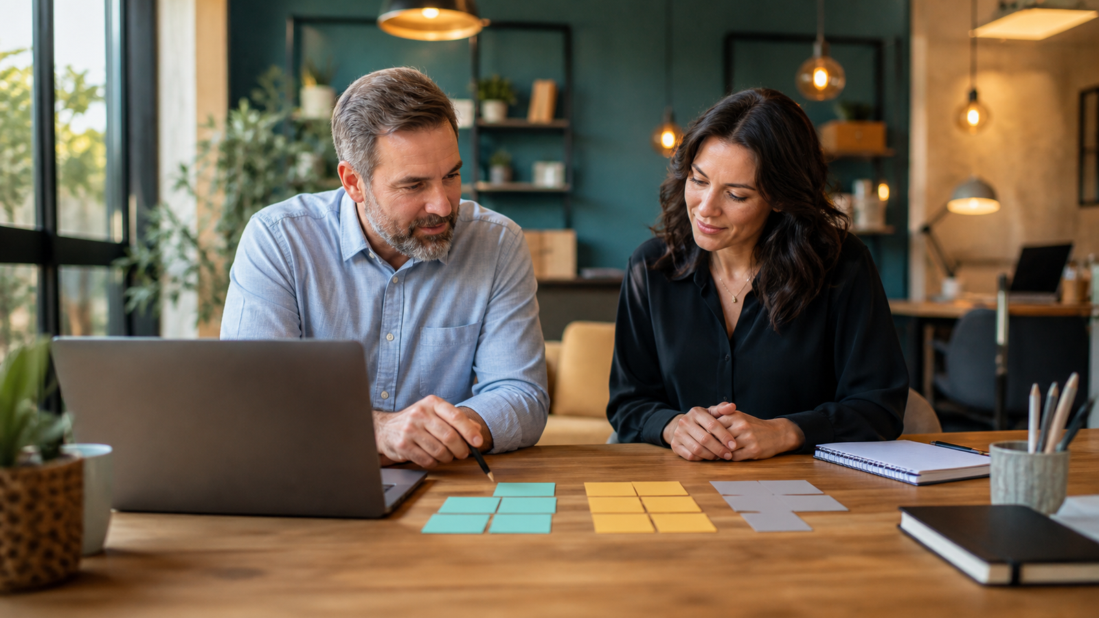 Small business owner and consultant reviewing blank diagnostic cards for AI readiness, maturity, and workflow assessment