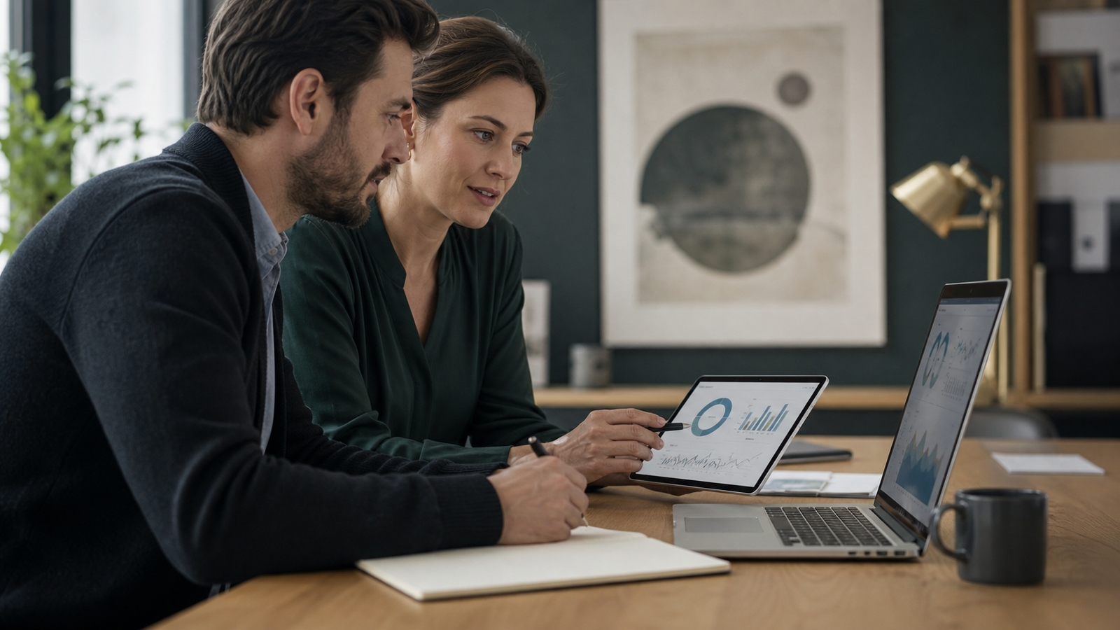 Founder and operations manager reviewing abstract AI referral analytics on devices