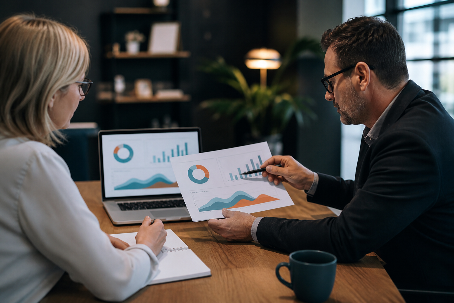 Small business owner and advisor reviewing AI search visibility measurement results