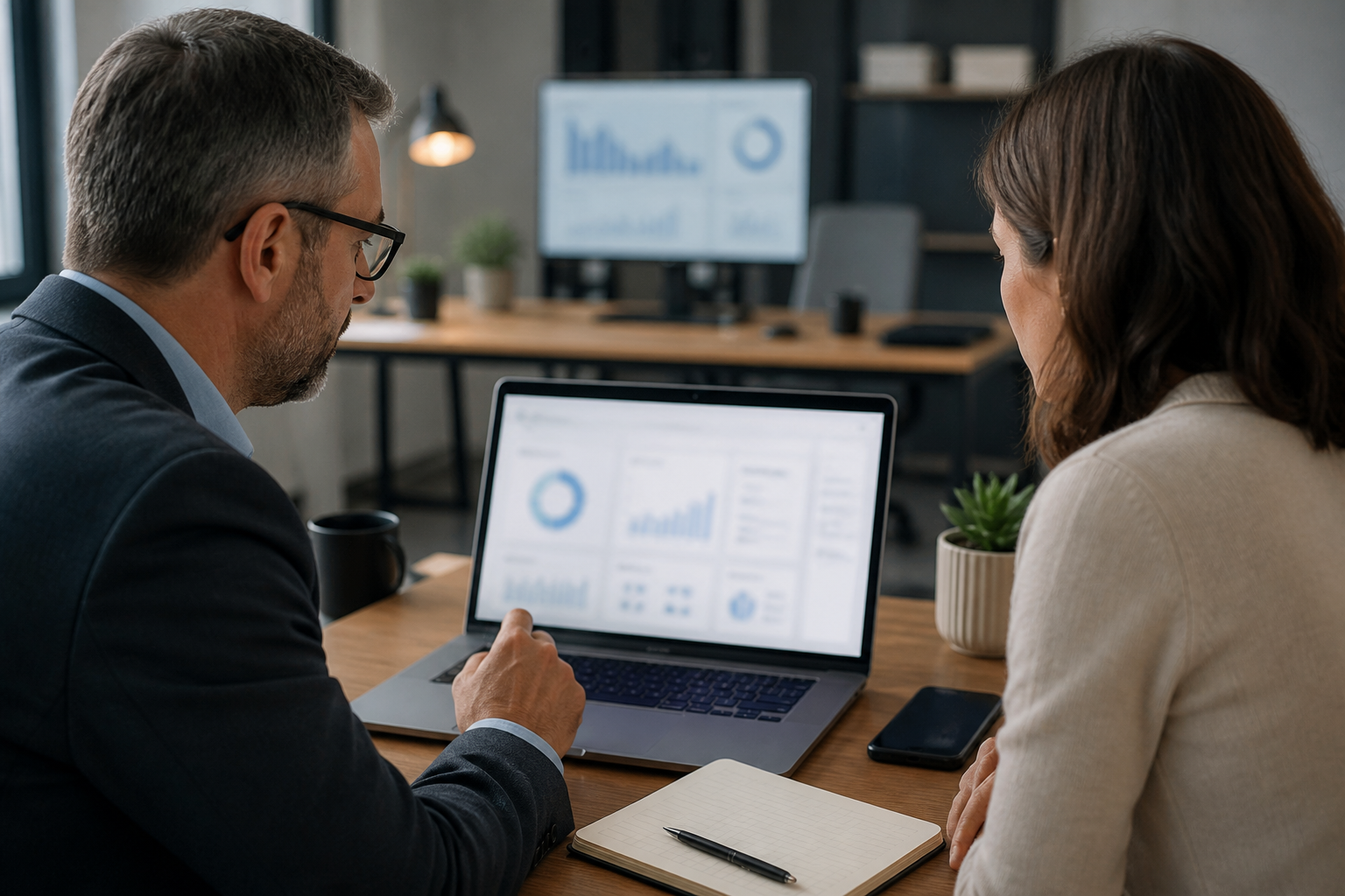 Small business owner and advisor reviewing AI search visibility measurement results