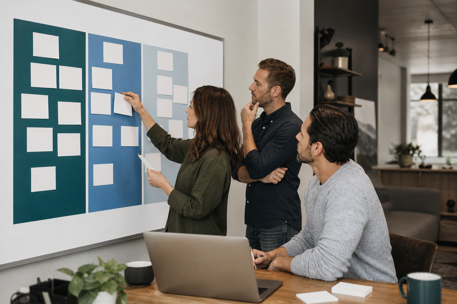 Small business team organizing an AI search visibility improvement plan on a blank planning board