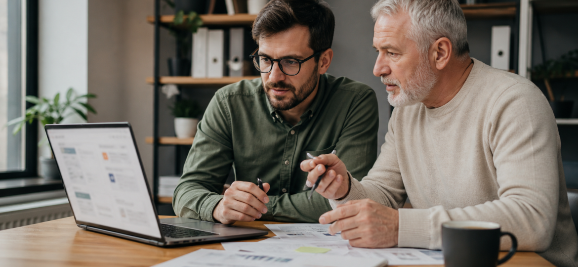 Small business owner and advisor reviewing an AI search visibility audit for a website
