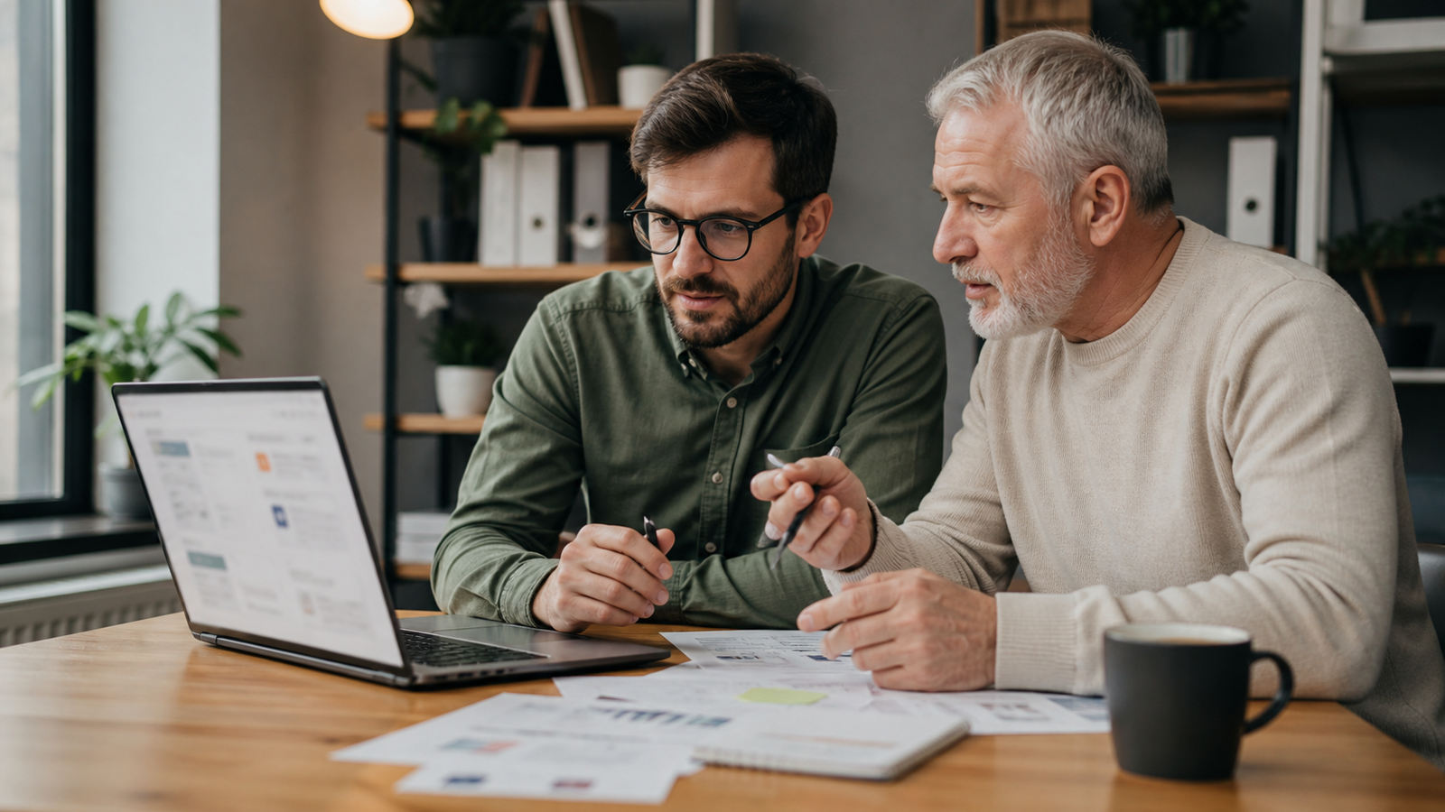 Small business owner and advisor reviewing an AI search visibility audit for a website