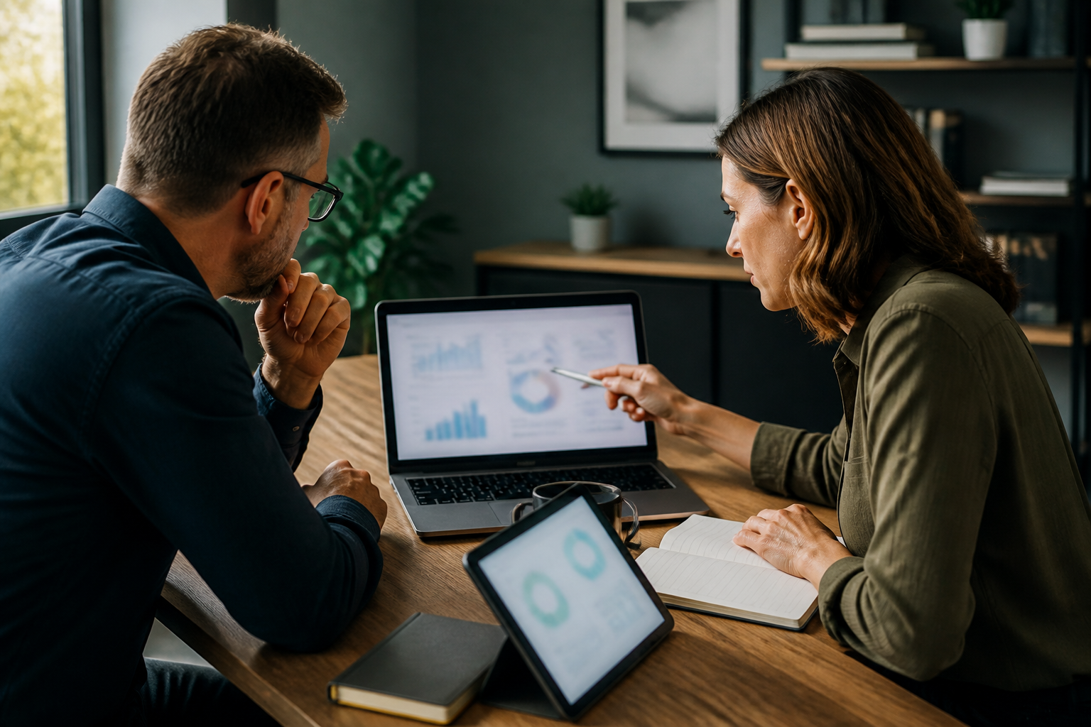 Small business owner and advisor reviewing blurred AI search visibility measurement trends