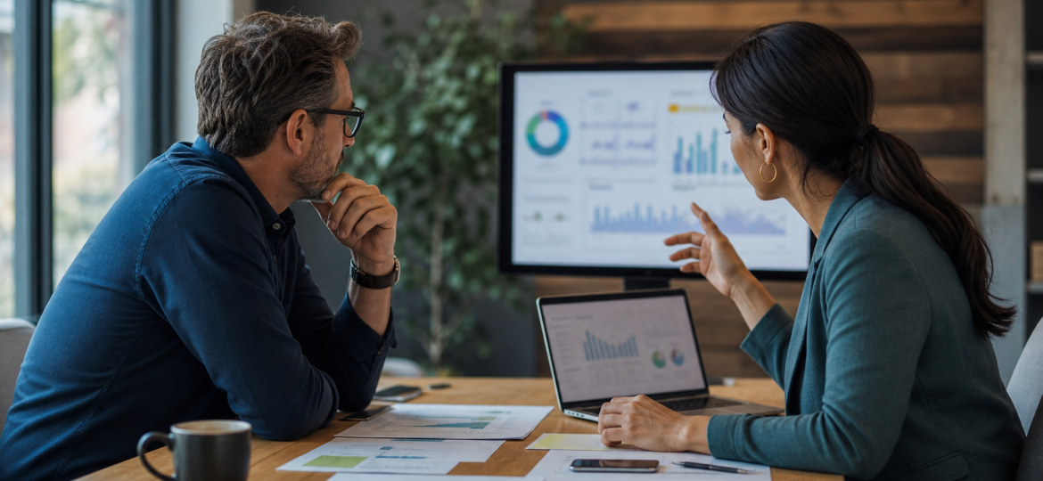 Small business owner and consultant reviewing AI search visibility score signals