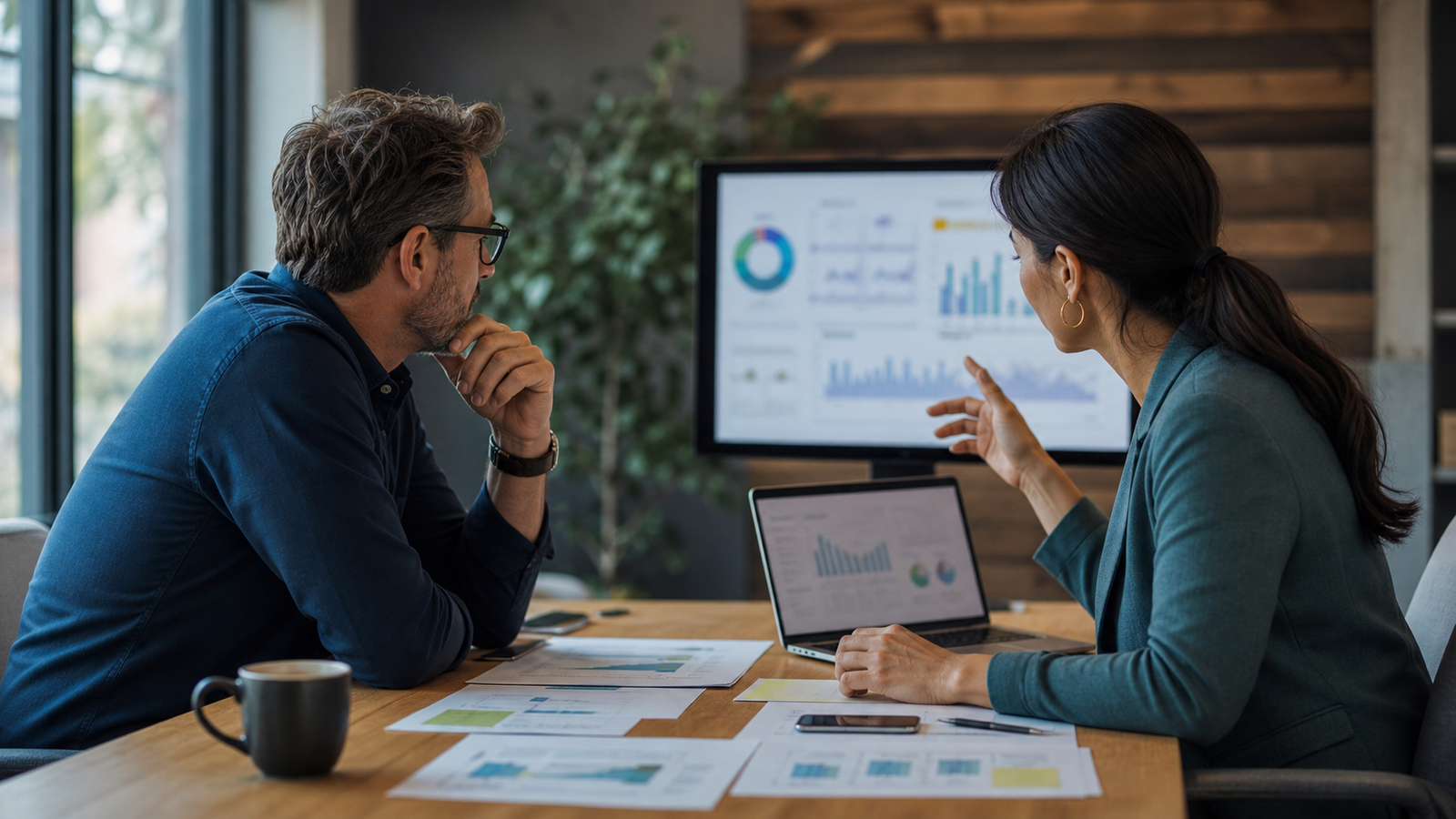 Small business owner and consultant reviewing AI search visibility score signals