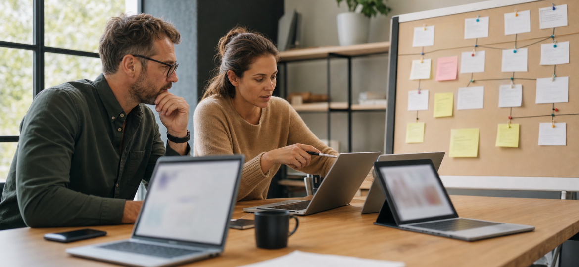 Small business owner and operations manager reviewing disconnected AI tools beside a workflow board