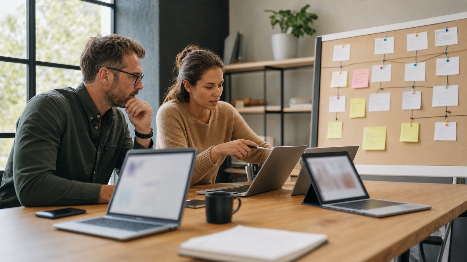 Small business owner and operations manager reviewing disconnected AI tools beside a workflow board