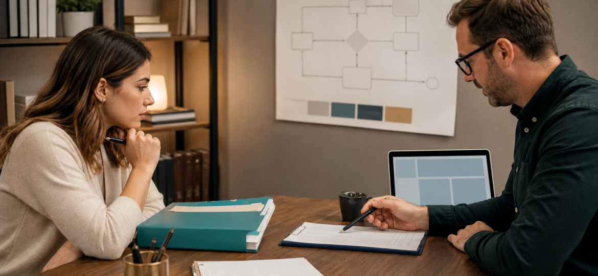Professional services team reviewing client intake and workflow evidence before choosing an AI pilot