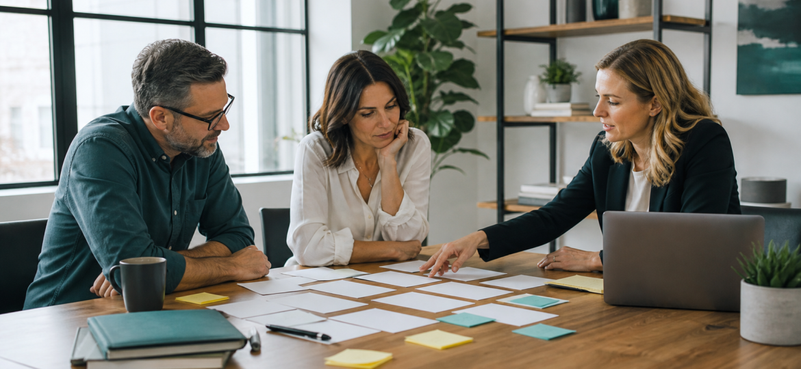 Small business owner and consultant reviewing blank workflow assessment cards before choosing an AI pilot