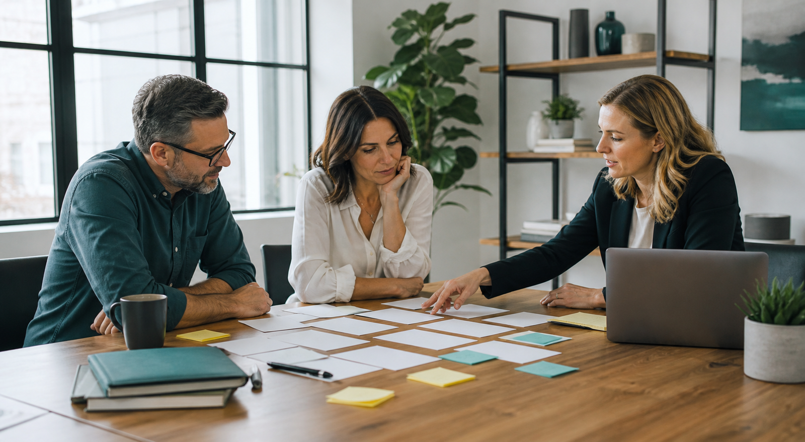 Small business owner and consultant reviewing blank workflow assessment cards before choosing an AI pilot