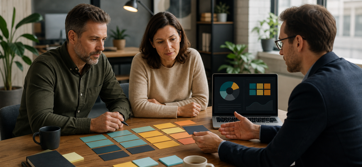 Small business owner and consultant reviewing blank workflow scoring cards before choosing an AI pilot