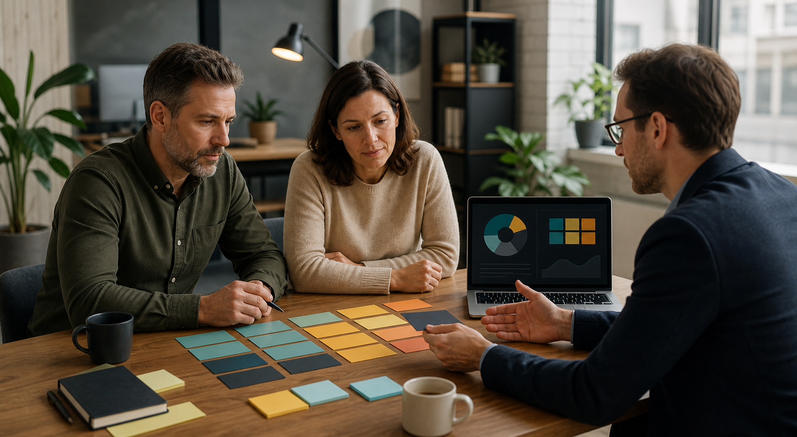 Small business owner and consultant reviewing blank workflow scoring cards before choosing an AI pilot