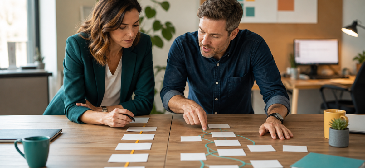 Small business owner and operations manager comparing a rigid rule-based workflow with a flexible AI-assisted workflow