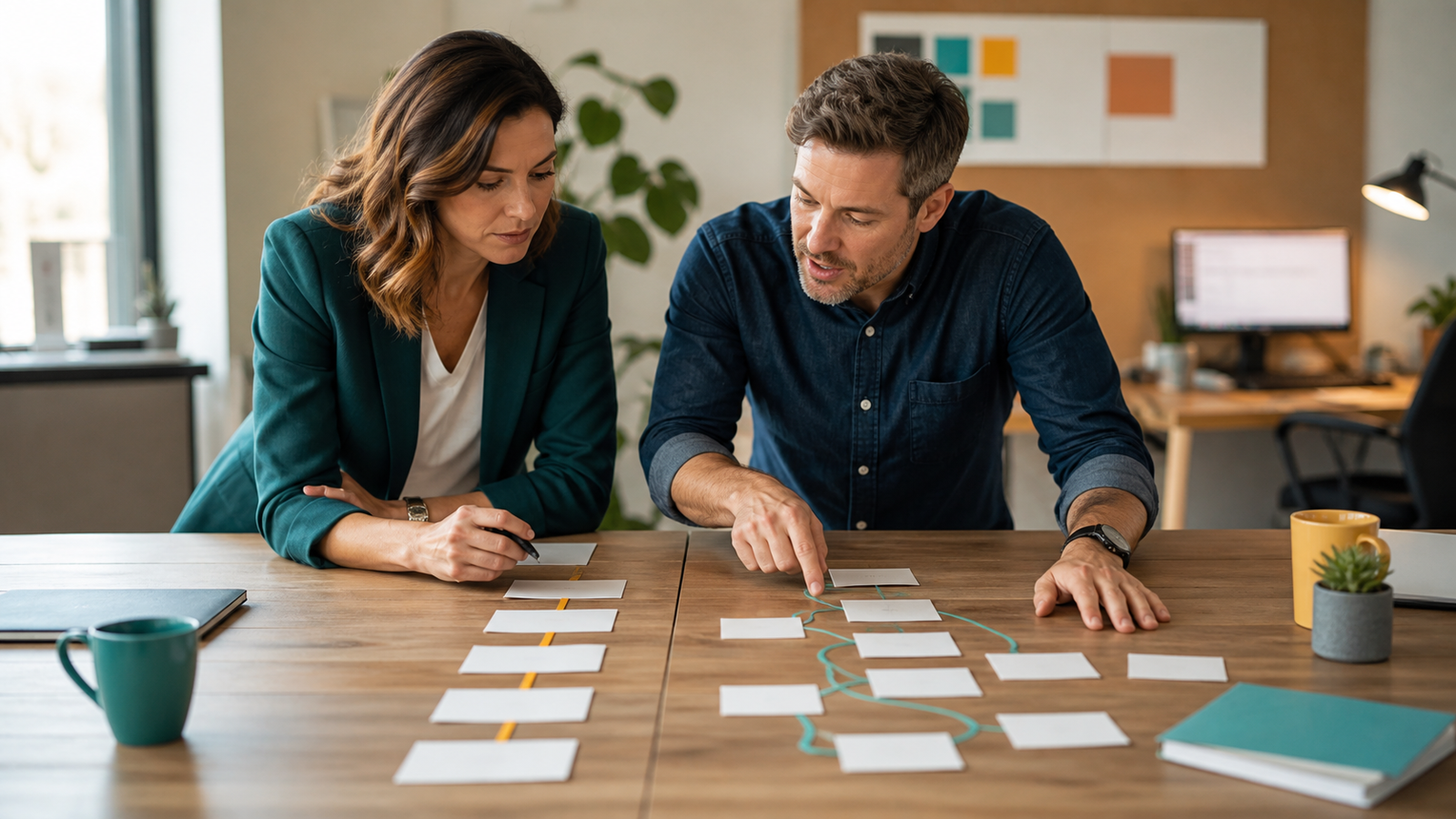 Small business owner and operations manager comparing a rigid rule-based workflow with a flexible AI-assisted workflow
