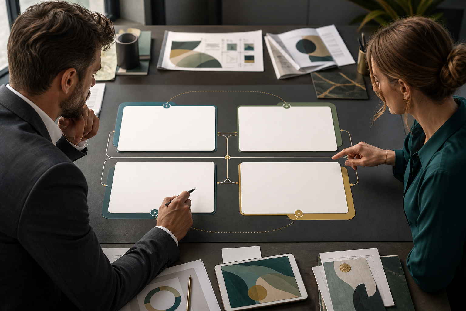 Consultant and owner mapping blank cards into answer proof example limit and action content blocks