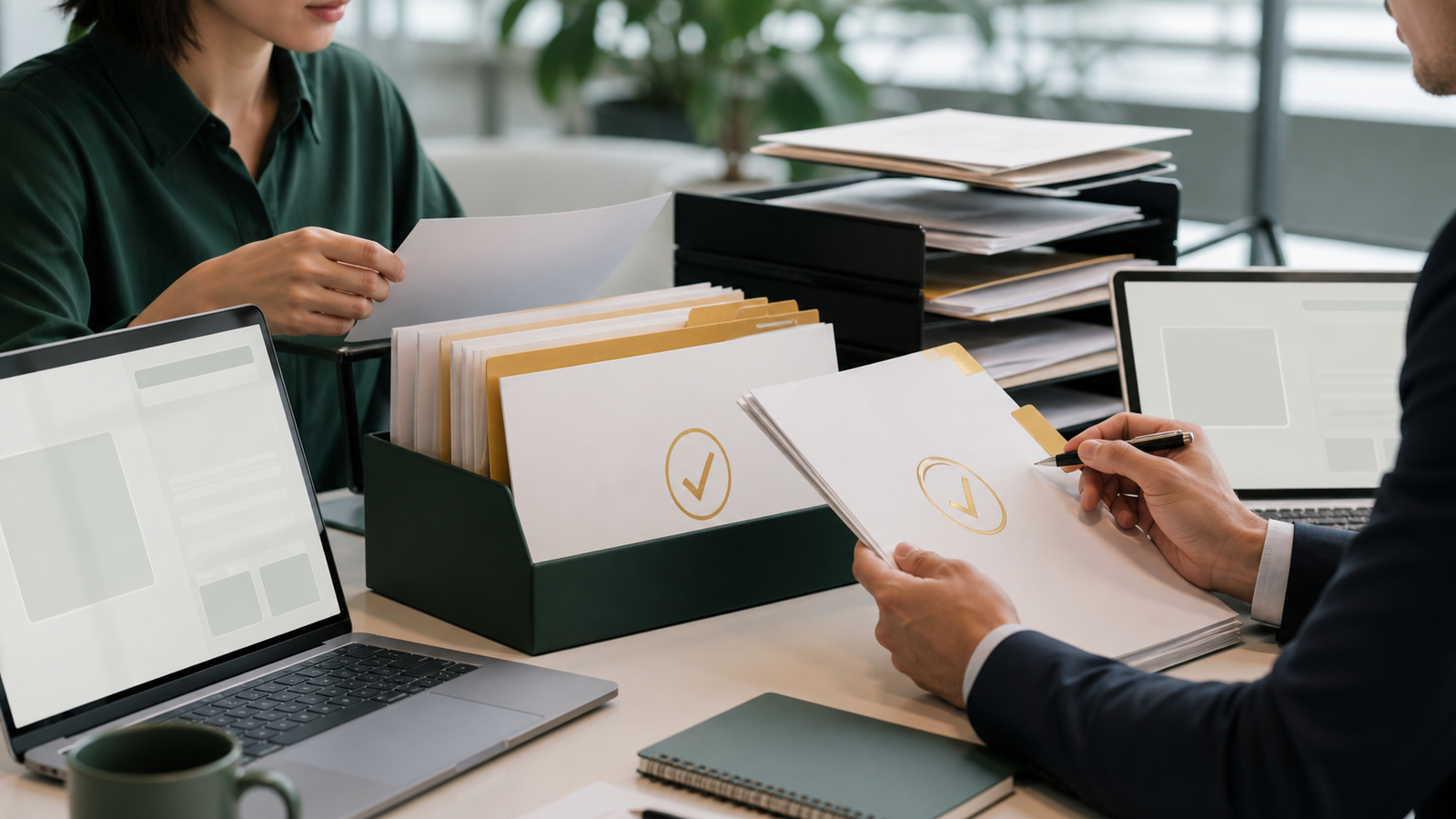 Small business team reviewing approved source documents before AI can use them