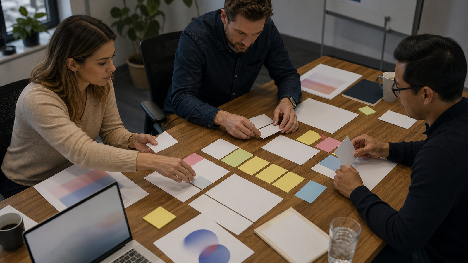 Small business team sorting blank audit cards during an AI search visibility checklist workshop