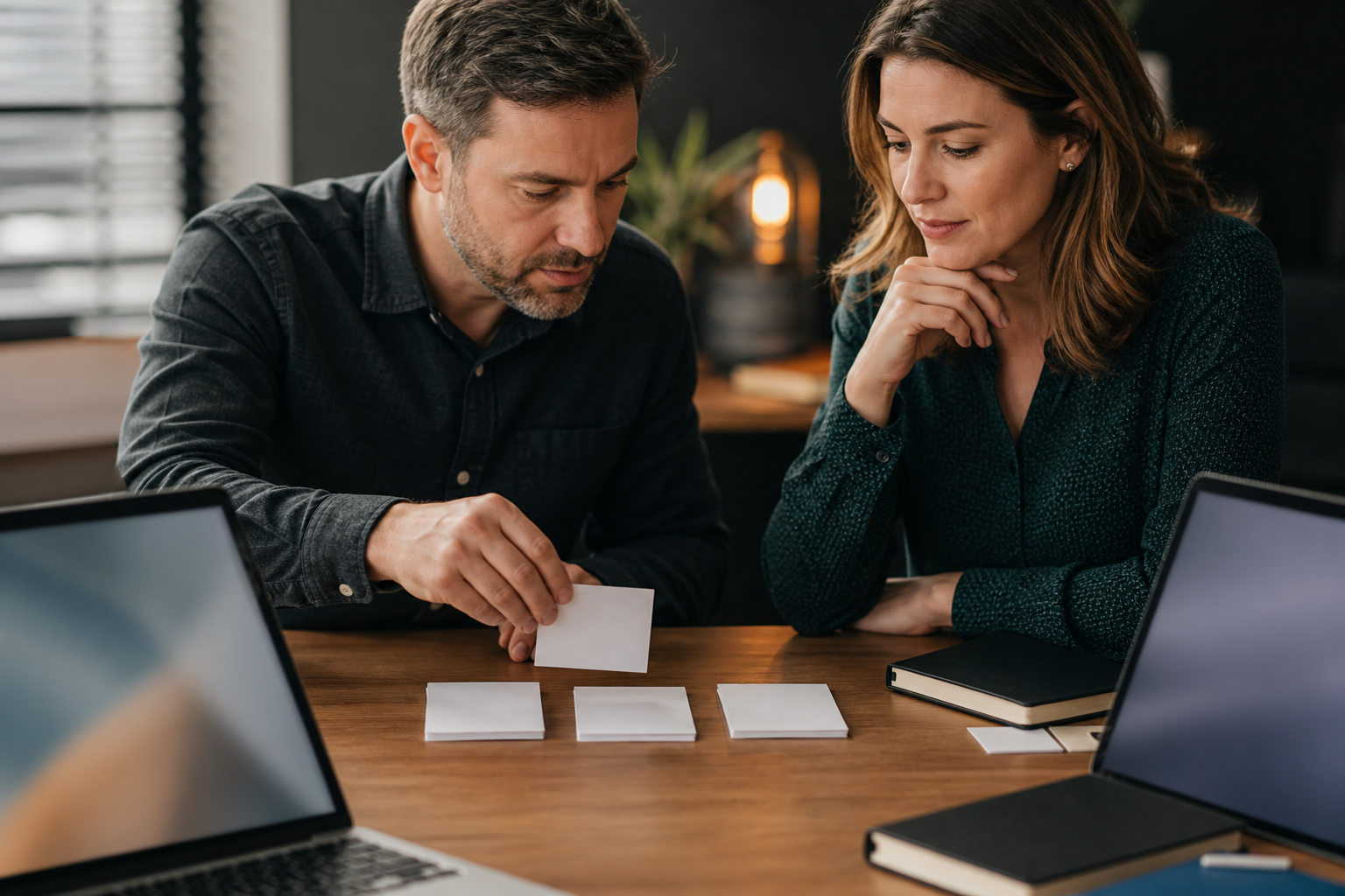 Small business owner and operations manager comparing automation workload and maintenance effort with blank decision cards
