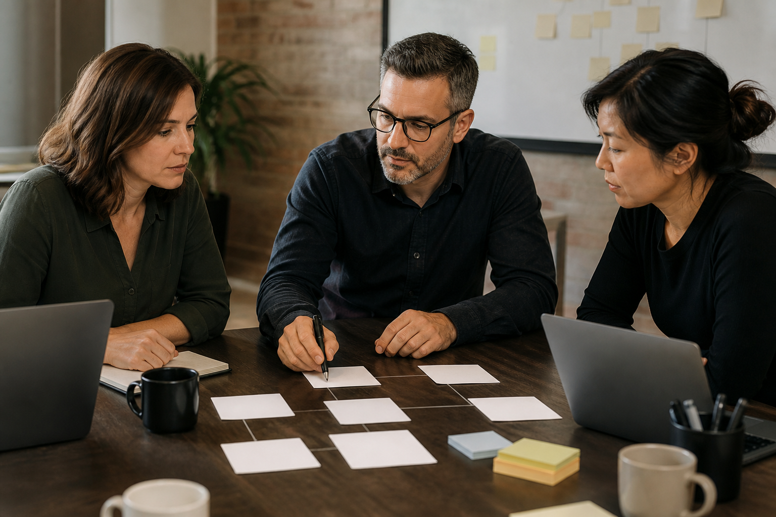 CEO and small business leaders reviewing a blank automation opportunity map