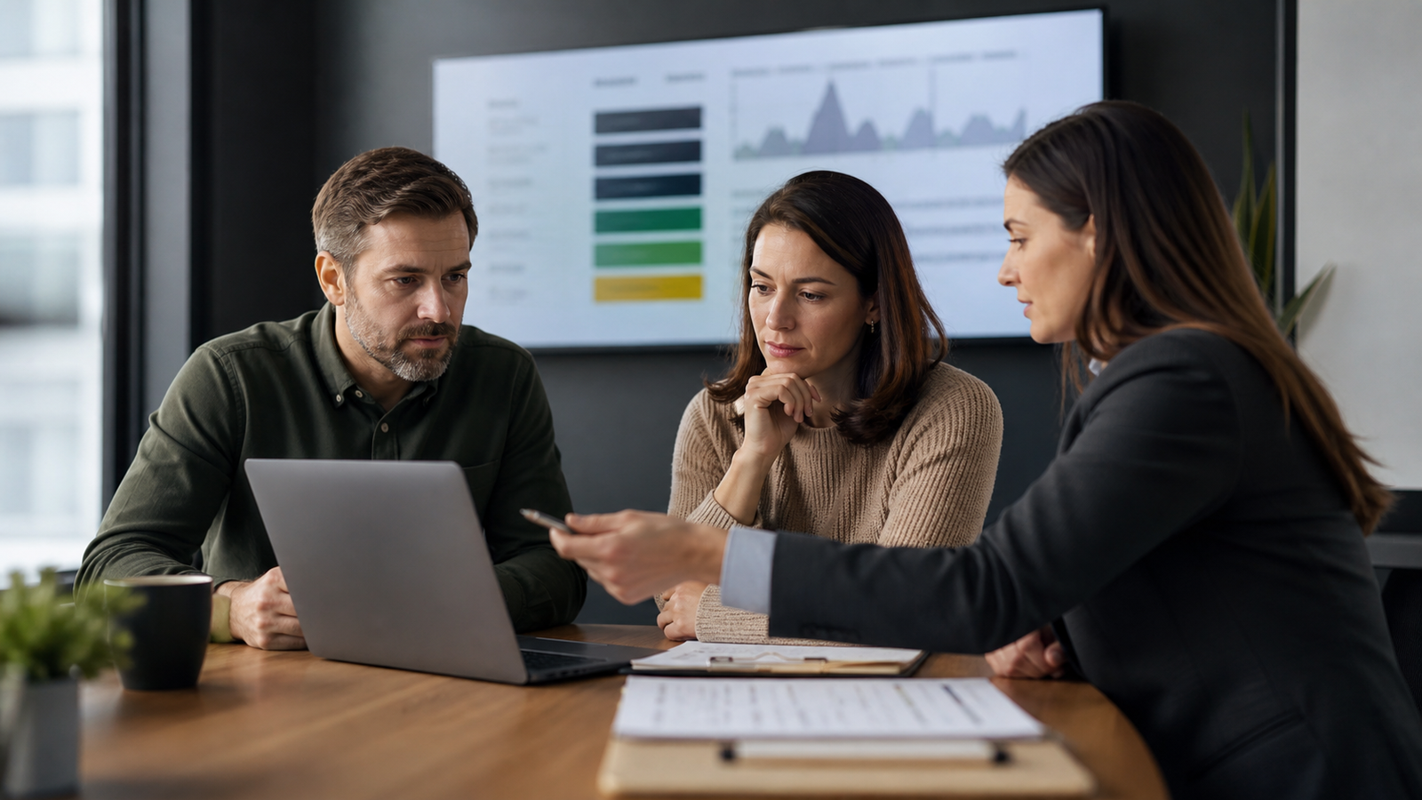 Small business leadership team reviewing AI automation pilot outputs against anonymized business data