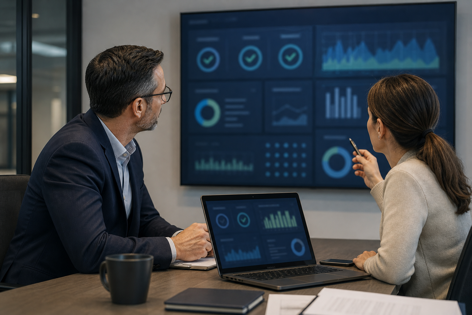 B2B service firm measuring AI search visibility with abstract dashboards