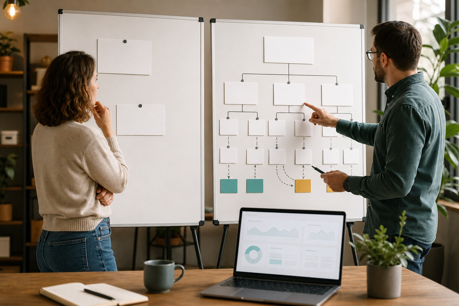 Consultant and SMB owner comparing a sparse blank service page with an organized multi-path structure