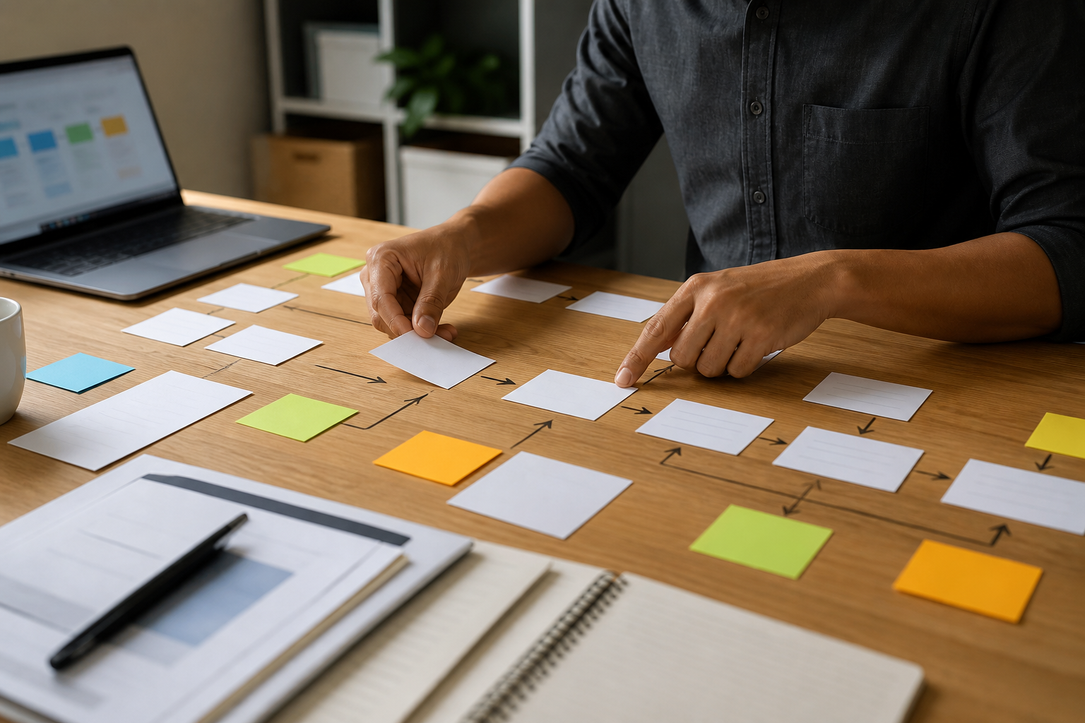 Operations lead mapping a before and after workflow with blank process cards