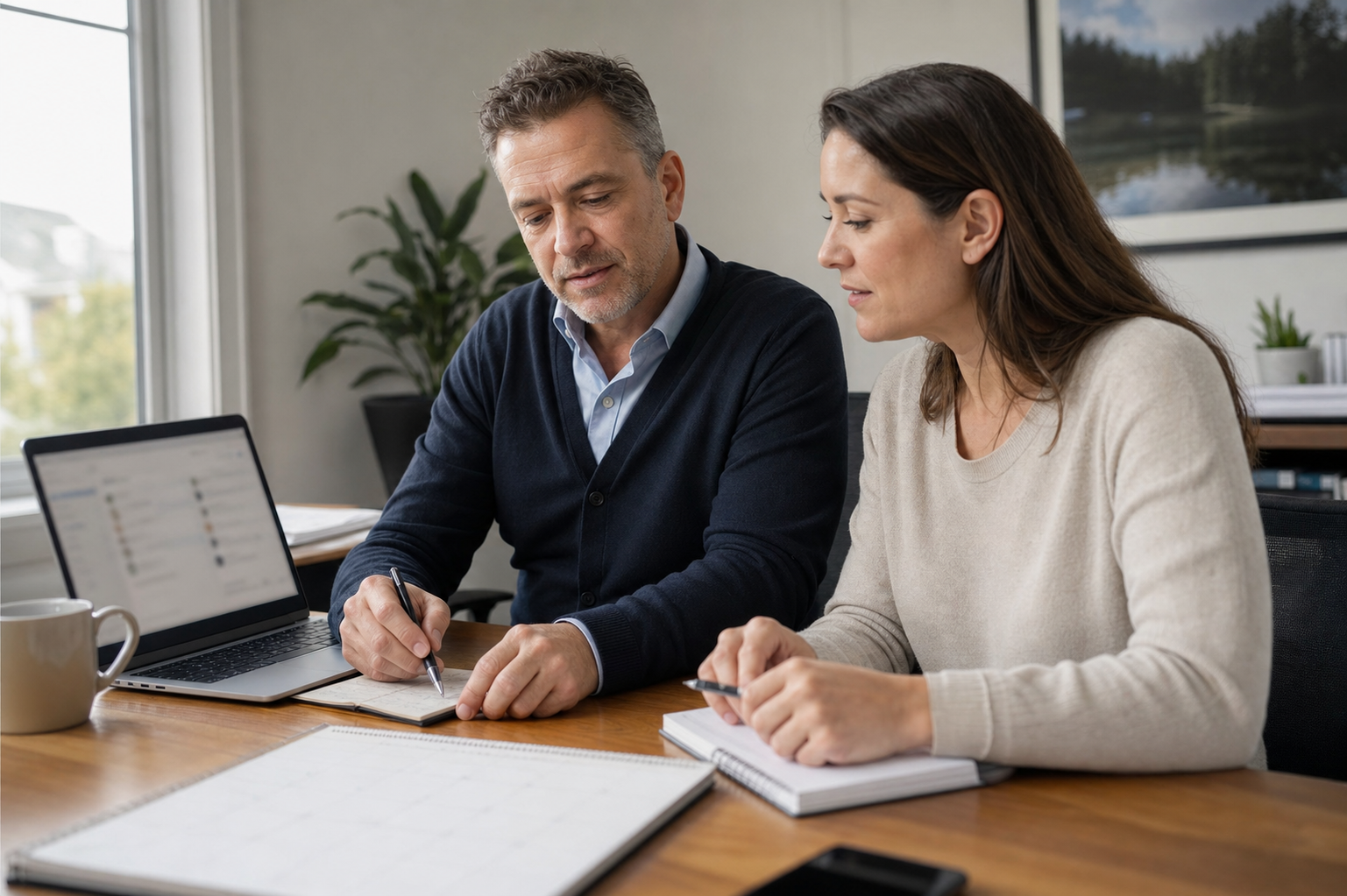 Consultant and assistant reviewing better-fit consulting inquiries