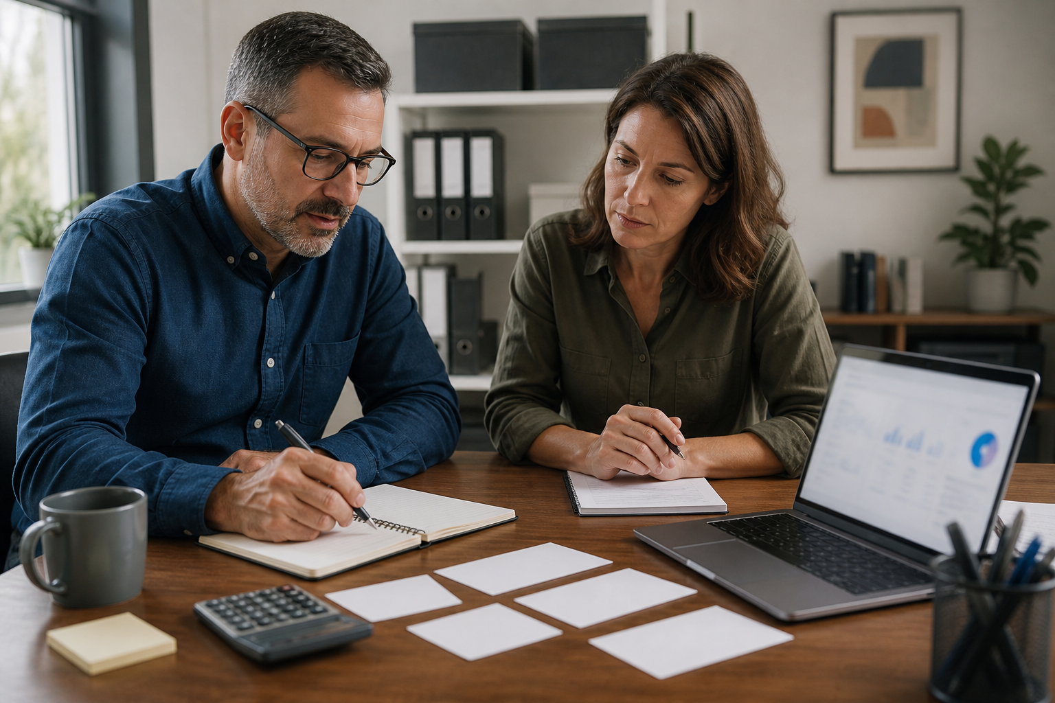 Small business owner and finance manager reviewing budget and workload before hiring automation help
