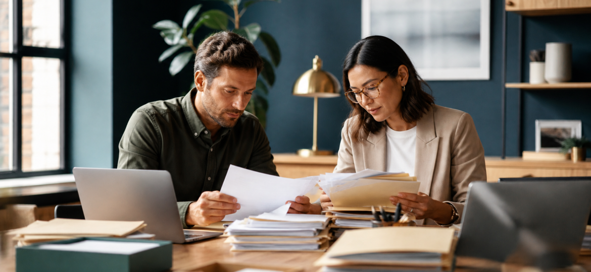 Small business owner and operations lead organizing existing business documents for an AI-ready knowledge base