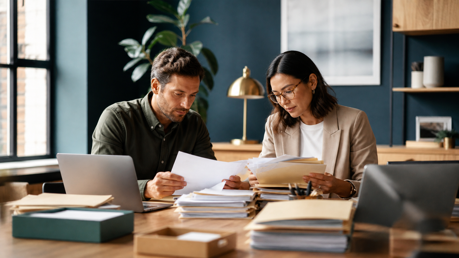 Small business owner and operations lead organizing existing business documents for an AI-ready knowledge base