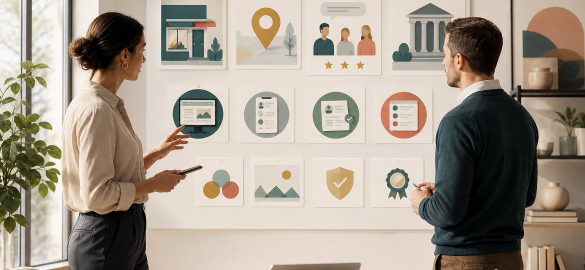 Business owner and consultant reviewing service, location, proof, and trusted-source cards for entity consistency